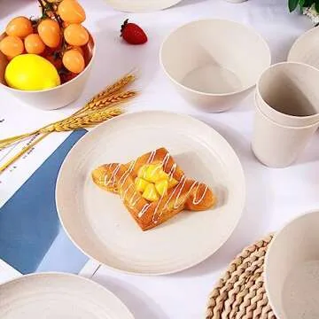 LIYH 36pcs Wheat Straw Dinnerware Set of 12, Plates and Bowls Set, Plastic Plates Reusable,Camping Plates Dishes, Microwave & Dishwasher Safe Wheat Straw Plates (Beige)
