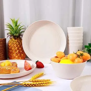 LIYH 36pcs Wheat Straw Dinnerware Set of 12, Plates and Bowls Set, Plastic Plates Reusable,Camping Plates Dishes, Microwave & Dishwasher Safe Wheat Straw Plates (Beige)
