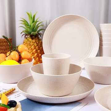 LIYH 36pcs Wheat Straw Dinnerware Set of 12, Plates and Bowls Set, Plastic Plates Reusable,Camping Plates Dishes, Microwave & Dishwasher Safe Wheat Straw Plates (Beige)