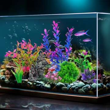 Ameliade Aquarium Artificial Plastic Plants Decorations and Rock Cave Decor Set Goldfish Betta Fish ...