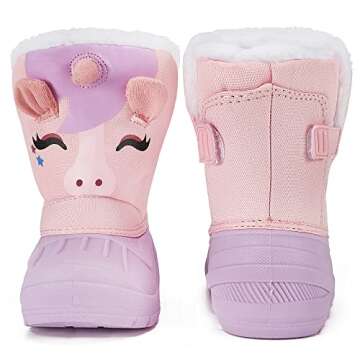 MORENDL Unicorn Boots Toddler Girls Waterproof Insulated Snow Boots Cold Weather Warm Lightweight Non-Slip Faux Fur Kids Winter Boots Purple/Pink Size 5（US Toddler）