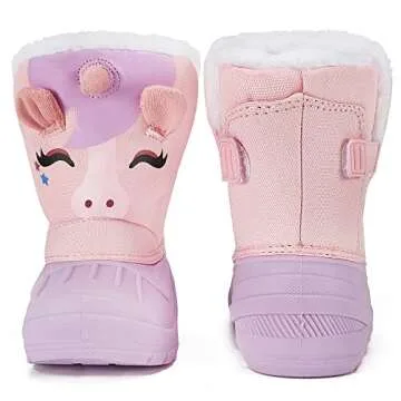 MORENDL Unicorn Boots Toddler Girls Waterproof Insulated Snow Boots Cold Weather Warm Lightweight Non-Slip Faux Fur Kids Winter Boots Purple/Pink Size 5（US Toddler）