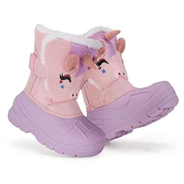 MORENDL Unicorn Boots Toddler Girls Waterproof Insulated Snow Boots Cold Weather Warm Lightweight Non-Slip Faux Fur Kids Winter Boots Purple/Pink Size 5（US Toddler）