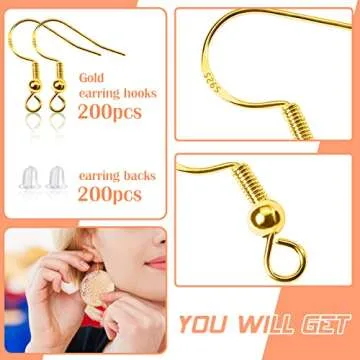 TOAOB 200pcs 925 Silver Plated Earring Hooks Ear Wires Fish Hooks Earring Making Kit with 18mm Gold Hypoallergenic Earring Hooks and 200pcs Earring Backs for DIY Jewelry Making