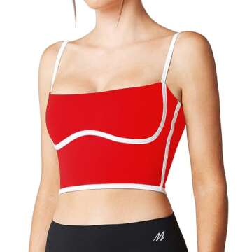 Move With You Sleeveless Spaghetti Strap Padded Sports Bra Tank Tops Square Neck Double Layer Workout Fitness Basic Crop Tops(Red,M)