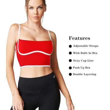 Move With You Sleeveless Spaghetti Strap Padded Sports Bra Tank Tops Square Neck Double Layer Workout Fitness Basic Crop Tops(Red,M)