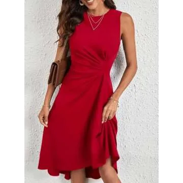 Happy Sailed Red Dresses for Women 2025 Summer Sleeveless Ruched Waist High Waist Irregular Hem Slim Fit A-Line High Low Midi Cocktail Party Dress Fiery Red Large
