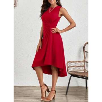 Happy Sailed Red Dresses for Women 2025 Summer Sleeveless Ruched Waist High Waist Irregular Hem Slim Fit A-Line High Low Midi Cocktail Party Dress Fiery Red Large