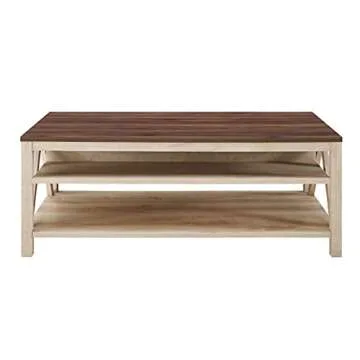 Walker Edison Modern Farmhouse A-Frame Wood Rectangle Coffee Table Living Room Ottoman Storage Shelf, 48 Inch, White Oak