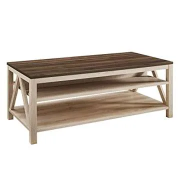 Walker Edison Modern Farmhouse A-Frame Wood Rectangle Coffee Table Living Room Ottoman Storage Shelf, 48 Inch, White Oak
