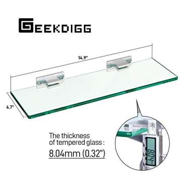 GeekDigg 2 Set Glass Shelves for Wall - No Drilling Shower Caddy with Aluminum Bracket - Bathroom Storage Organizer