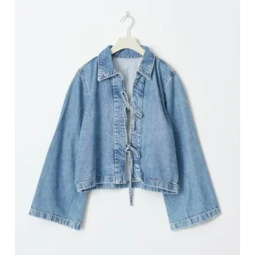 LouVasabuce Women Fashion Cropped Denim Jacket Tie Front Lapel Neck Long Sleeve Jean Coat Lightweight Shacket Fall Blouse