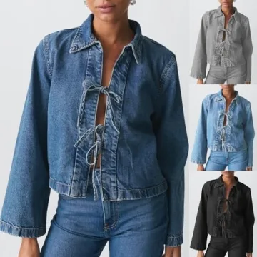 LouVasabuce Women Fashion Cropped Denim Jacket Tie Front Lapel Neck Long Sleeve Jean Coat Lightweight Shacket Fall Blouse