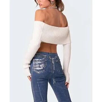 Women Y2k Off Shoulder Long Sleeve Tees Slim Fit Stretchy Top Solid Color Backless Tshirt Fashion Shirts Outfit Y-White
