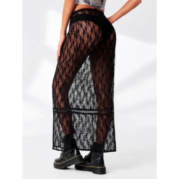 Cicy Bell Womens Sheer Lace Maxi Skirt Summer Beach Cover-ups Casual Streetwear Long Y2K Skirts Black