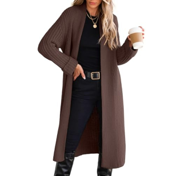 ANRABESS Women Knit Long Cardigan Long Sleeve Open Front Lapel Oversized Sweater Coat 2024 Fall Duster Outerwear Clothes Red Brown Small