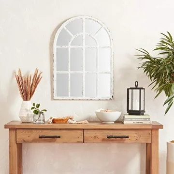 Vintage Farmhouse Arched Wooden Mirror in Whitewash Finish