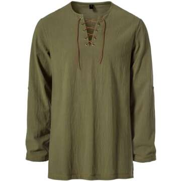 JEMITOP Men's Renaissance Costume Retro Lace Up Shirts for Pirate Viking Medieval Vampire Halloween Cosplay Without Belt Army Green M