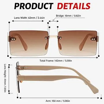 Przene Rimless Sunglasses for Women Men Vintage Rectangle Frameless UV Protection Sunies Beige Temple Gradient Brown Lens