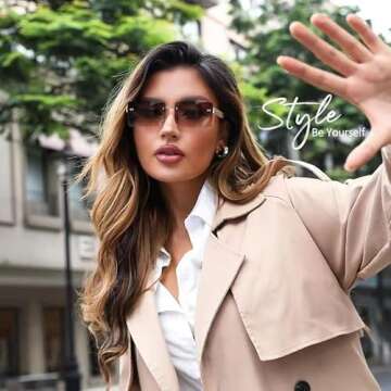 Przene Rimless Sunglasses for Women Men Vintage Rectangle Frameless UV Protection Sunies Beige Temple Gradient Brown Lens