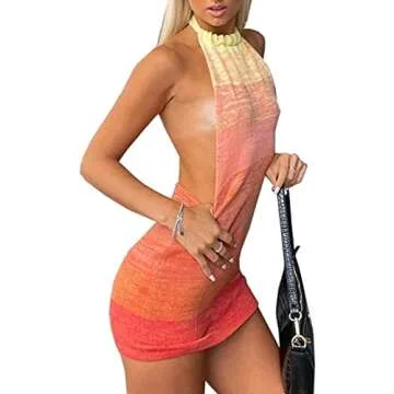 Women’s Mini Dress Knitted Backless Halter Sleeveless Shinny Club Party Holiday Beach Bodycon Dress (Rainbow, m)