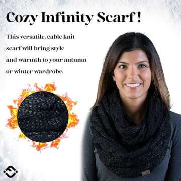Funky Junque Women's Chunky Knit Infinity Scarf, Warm Cable Knit Circle Wrap, 100% Acrylic, Metallic Black