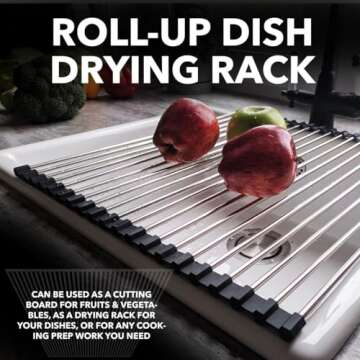 Belgoff Roll Up Dish Drying Rack 21" x 16" - Over The Sink for Kitchen Counter, Foldable SUS304 Stainless Steel Cups, Utensils, Fruits, Vegetables