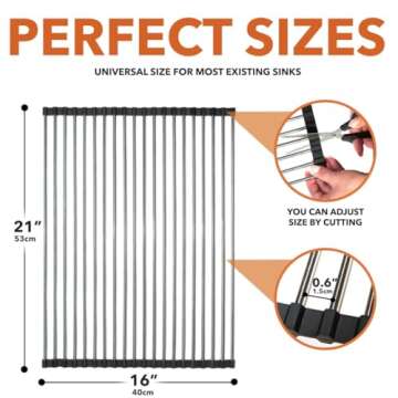 Belgoff Roll Up Dish Drying Rack 21" x 16" - Over The Sink for Kitchen Counter, Foldable SUS304 Stainless Steel Cups, Utensils, Fruits, Vegetables