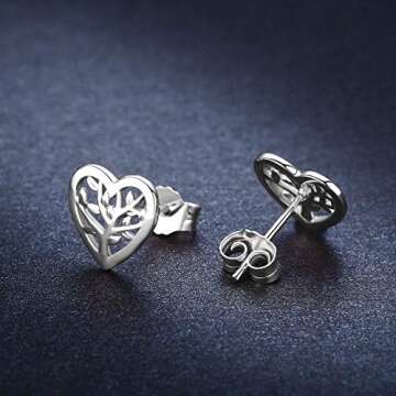 Tree of Life Earrings, 925 Sterling Silver Heart Shaped Studs for Women, Hypoallergenic Earrings for...