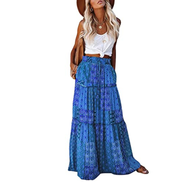 EARKOHA Womens Casual High Waist Tie Paisley Print Long Maxi Skirt with Pockets Blue S