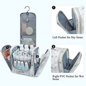 BAGSMART Large Toiletry Bag Hanging Travel Toiletry Bag for Women, Toiletry Organize Bag for Traveling, Water-resistant Cosmetic Makeup Travel Bag for Full Sized Toiletries White Marble Pattern