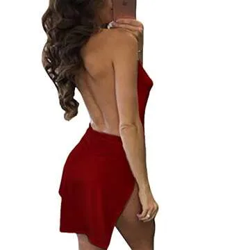 VANCOL Women's Sexy Deep V-Neck Halter Backless Slit Mini Party Club Dress