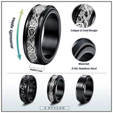 Jstyle 3Pcs Black Stainless Steel Fidget Spinner Rings Set for Men Women Cool Wedding Bands Rings 8MM Wide Celtic Dragon Pattern Beveled Edges Ring 10