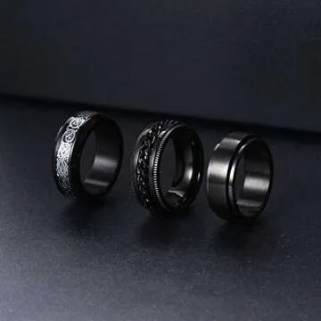 Jstyle 3Pcs Black Stainless Steel Fidget Spinner Rings Set for Men Women Cool Wedding Bands Rings 8MM Wide Celtic Dragon Pattern Beveled Edges Ring 10