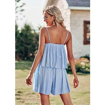 PRETTYGARDEN Women’s Summer Short Rompers Spaghetti Strap Elastic Waist Square Neck Ruffle Casual Loose Flowy Jumpsuits(Sky Blue, Small)
