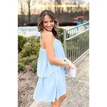 PRETTYGARDEN Women’s Summer Short Rompers Spaghetti Strap Elastic Waist Square Neck Ruffle Casual Loose Flowy Jumpsuits(Sky Blue, Small)