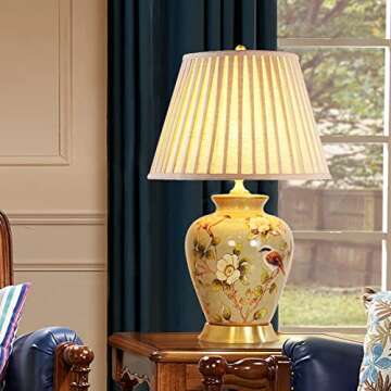 HUIBAOGONG American Flower and Bird Ceramic Table Lamp, Hand-Painted Chinoiserie Lamp, Fabric Lampshade Nightstand Lamp for Bedroom Living Room Office College Bookcase LED Bulbs Included