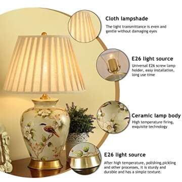 HUIBAOGONG American Flower and Bird Ceramic Table Lamp, Hand-Painted Chinoiserie Lamp, Fabric Lampshade Nightstand Lamp for Bedroom Living Room Office College Bookcase LED Bulbs Included