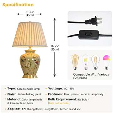 HUIBAOGONG American Flower and Bird Ceramic Table Lamp, Hand-Painted Chinoiserie Lamp, Fabric Lampshade Nightstand Lamp for Bedroom Living Room Office College Bookcase LED Bulbs Included