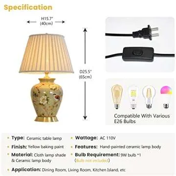 HUIBAOGONG American Flower and Bird Ceramic Table Lamp, Hand-Painted Chinoiserie Lamp, Fabric Lampshade Nightstand Lamp for Bedroom Living Room Office College Bookcase LED Bulbs Included