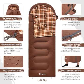 KingCamp Cotton Flannel Sleeping Bag, 90x35 Sleeping Bags for Adults Cold Weather, Big and Tall, Zip Together for 2P Sleeping Bag for 4 Season, Lightweight, Water Resistant for Camping Backpacking