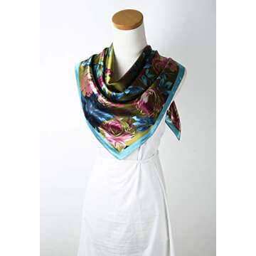corciova Large Square Satin Silk Like Lightweight Hair Scarf Sleeping Wrap for Women Pink Turquoise Camellia Floral Headband