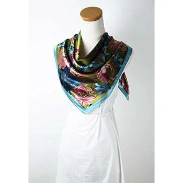 corciova Large Square Satin Silk Like Lightweight Hair Scarf Sleeping Wrap for Women Pink Turquoise Camellia Floral Headband
