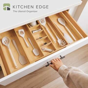 KitchenEdge Adjustable Kitchen Drawer Organizer for Utensils and Junk, Food-Safe Contract Grade with 100% Sustainable Wood, Non-Slip, Expandable from 16" to 28" Wide - Natural Bamboo