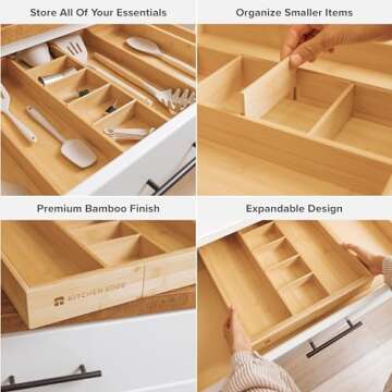 KitchenEdge Adjustable Kitchen Drawer Organizer for Utensils and Junk, Food-Safe Contract Grade with 100% Sustainable Wood, Non-Slip, Expandable from 16" to 28" Wide - Natural Bamboo