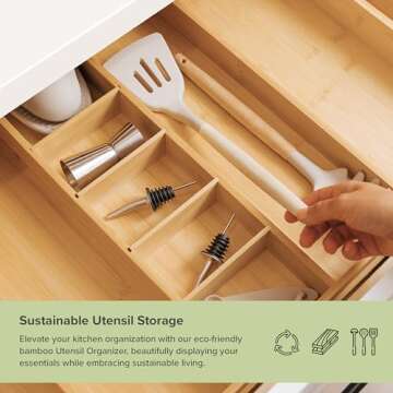 KitchenEdge Adjustable Kitchen Drawer Organizer for Utensils and Junk, Food-Safe Contract Grade with 100% Sustainable Wood, Non-Slip, Expandable from 16" to 28" Wide - Natural Bamboo