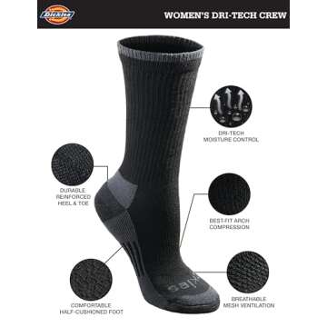 Dickies Women's Crew Socks - Dritech Moisture Wicking