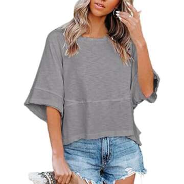 Aisongyuan Womens Fashion T-Shirt Crewneck 3/4 Sleeves Solid Color Loose Basic Pullover Tops Summer ...