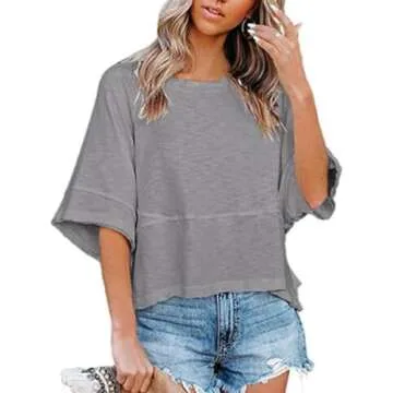 Aisongyuan Womens Fashion T-Shirt Crewneck 3/4 Sleeves Solid Color Loose Basic Pullover Tops Summer ...