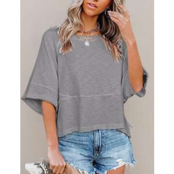 Aisongyuan Womens Fashion T-Shirt Crewneck 3/4 Sleeves Solid Color Loose Basic Pullover Tops Summer Casual Tees Blouses(Grey,M)